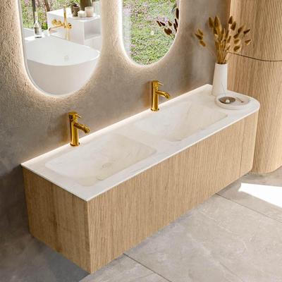 Mondiaz KURVE-DLUX 145 cm Onderkast Greeploos 1 Lade Met Deuren Oak, Wastafel Solid Surface Links Opalo 2 Kraangaten Zonder Spiegel (KRVLEA145R1L1D2KD-Oak/Opa)