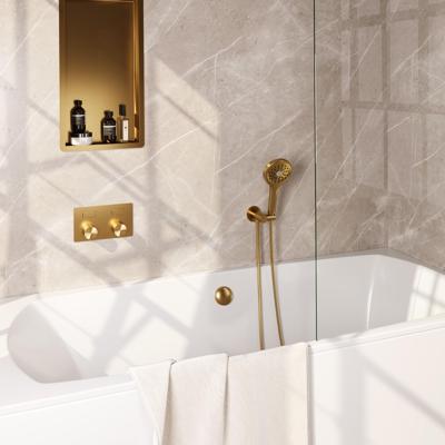 Brauer Stripe thermostatische inbouw badkraan met drukknoppen SET 04 met badvulcombinatie en 3-standen handdouche en doucheslang en wandaansluitbocht goud geborsteld PVD