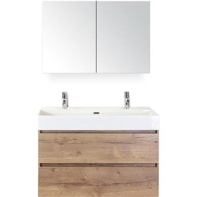 Maxx XL Badmeubelset 100 cm - Natuur Eiken - Wastafel Kube 2 Kraangaten met Spiegelkast