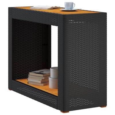 Tuinbijzettafel met houten blad 100x40x75 cm poly rattan zwart - thumbnail