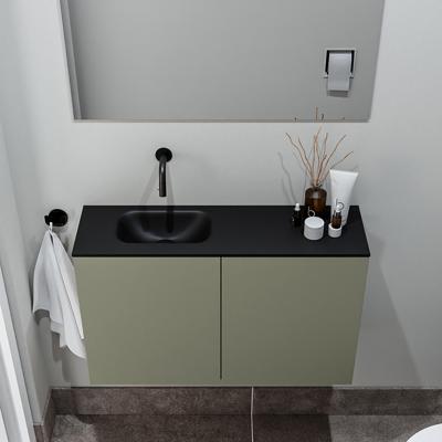 Zaro Polly toiletmeubel 80cm army met zwarte wastafel zonder kraangat links