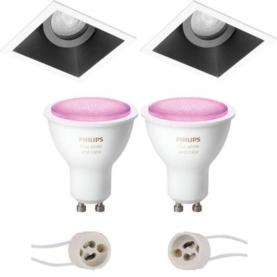 Pragmi Zano Pro - Inbouw Vierkant - Mat Zwart/Wit - Kantelbaar - 93mm - Philips Hue - LED Spot Set GU10 - White and Color Ambiance - Bluetooth
