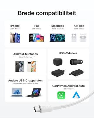 Belkin Eco Gevlochten USB-C to USB-C Kabel 1 m, 240 W - Zachte, flexibele snellaadkabel, Type C Laadkabel voor iPhone 16, Galaxy S25, Pixel 9, MacBook, iPad Pro en meer - Wit USB 2.0, 1M