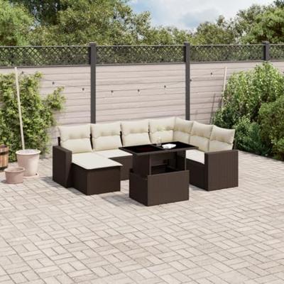 8-delige Loungeset met kussens poly rattan bruin