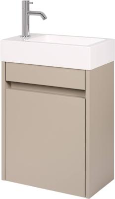 Saqu Florence voorgemonteerd fonteinmeubel in mat greige met fontein en chromen kraan links