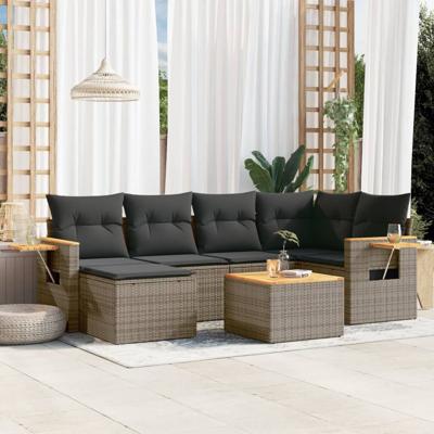 7-delige Loungeset met kussens poly rattan grijs