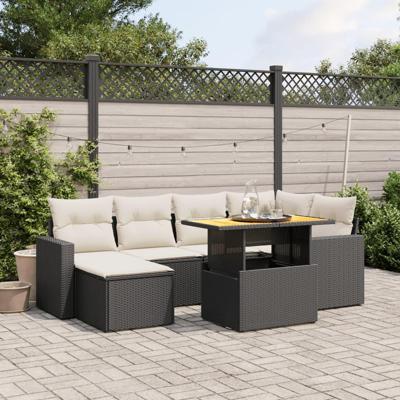 7-delige Loungeset met kussens poly rattan zwart