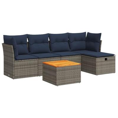 6-delige Loungeset met kussens poly rattan grijs