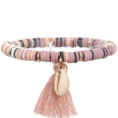 Enkelband Platte Kralen Schelp & Kwastje - Donker Roze