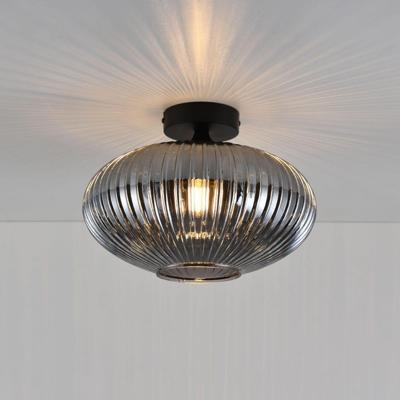 Plafondlamp Ovale vetro fumé - E27-fitting - Bol van geribbeld rookglas - Vulkaanvormige zwarte drager - IP20 voor binnen