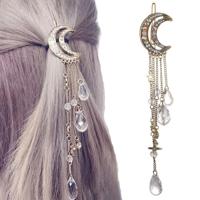 Mode elegante vrouwen Lady Moon Rhinestone Crystal kwastje lange ketting kralen Dangle haar haar clip haar sieraden (brons) - thumbnail