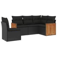 5-delige Loungeset met kussens poly rattan zwart - thumbnail
