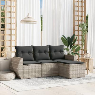 4-delige Loungeset met kussens poly rattan lichtgrijs - thumbnail