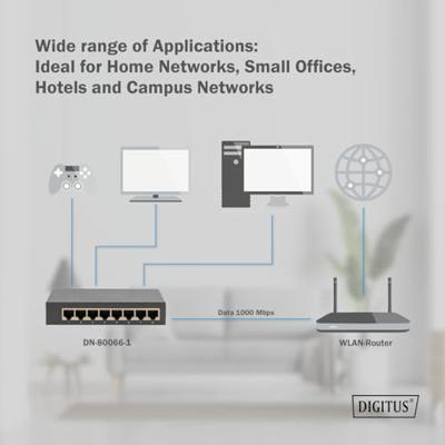 DIGITUS Netwerk Switch - 8-poorten - Gigabit Ethernet 10/100/1000 Mbit/s - Unmanaged - Auto-MDI/MDI-X - Plug & Play - Ventilatorloos - 8x RJ45-poorten - zwart