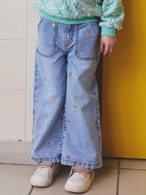 Geborduurde wijde jeans met fantasiepatronen voor meisjes lichtblauw