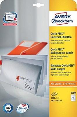 Avery-Zweckform 4780 Universele etiketten 48.5 x 25.4 mm Papier Wit 1200 stuk(s) Permanent hechtend Inkjet, Laser (zwart/wit), Laser (kleur), Kopiëren