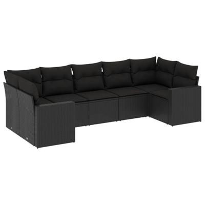 7-delige Loungeset met kussens poly rattan zwart - thumbnail