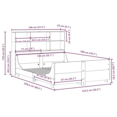 Bed met boekenkast zonder matras massief hout wit 140x200 cm