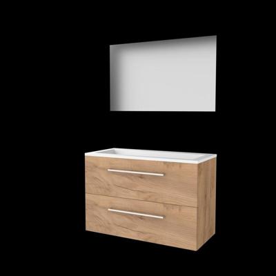 Basic-Line Ultimate 46 Badkamermeubelset - 100 x 46 cm - Met Grepen - 2 Lades - Acryl Wastafel - Zonder Kraangat - Spiegel met Indirecte LED Verlichting - Whisky Oak