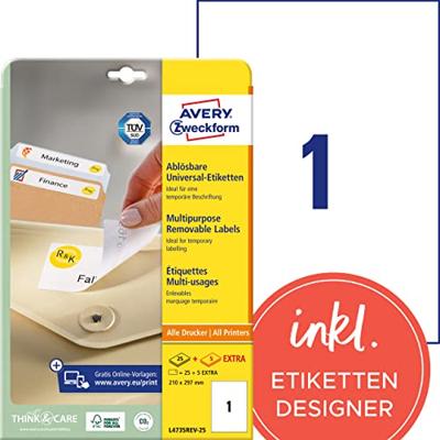 Avery-Zweckform L4735REV-25 Universele etiketten 210 x 297 mm Papier Wit 30 stuk(s) Weer verwijderbaar Inkjet, Laser (zwart/wit), Laser (kleur), Kopiëren