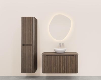 Onderkast Wiesbaden Sulora 80x48 cm Afgeronde Hoeken Geribbeld Met 1 Lade 1 Uitsparing Bruin Eiken