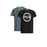 WE Fashion Salty Dog T-shirt - set van 2 zwart/blauw - thumbnail