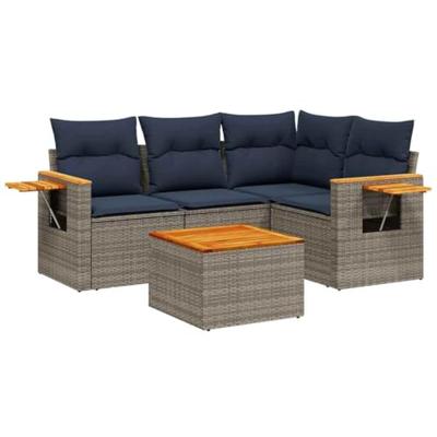 5-delige Loungeset met kussens poly rattan grijs