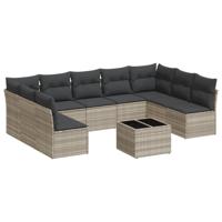 10-delige Loungeset met kussens poly rattan lichtgrijs - thumbnail