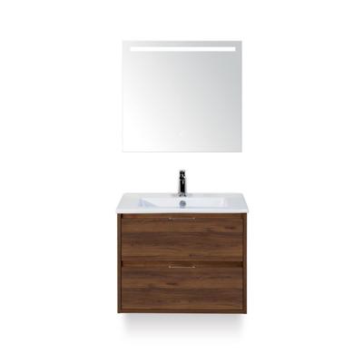 Porto Badmeubelset 70 cm - Walnoot - Keramische Wastafel Wit Slim - met Sence Spiegel