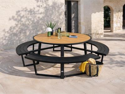 Ronde picknicktafel PERUGIA 8 plaatsen aluminium zwart/wood effect