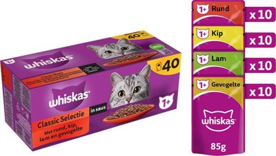 Whiskas 1+ Classic Selectie in saus natvoer kat multipack maaltijdzakjes 1 verpakking (40 x 85 g) Whiskas 1+ Classic Selectie in saus natvoer kat multipack maaltijdzakjes 1 verpakking (40 x 85 g)