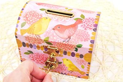 Houten Spaarpot Vogels en Bloemen - DJECO roze, bedrukt - thumbnail