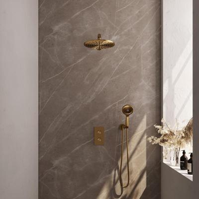 Goud geborstelde thermostatische inbouw regendouche set met 3-weg omstelling en 30 cm douchekop