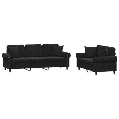 3-delige Loungeset met kussens fluweel zwart - thumbnail
