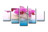 Schilderij - Orchidee en Zen, Blauw/Roze, 160X80cm, 5luik - thumbnail