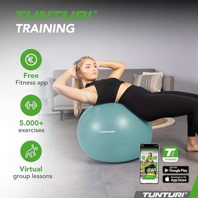 Tunturi Anti Burst Fitness bal met Pomp | Yoga bal 75 cm | 220 kg gebruikersgewicht | Incl Trainingsapp | Petrol