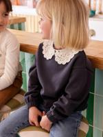 Sweater met sierlijke kraag van macramé meisjes antraciet - thumbnail
