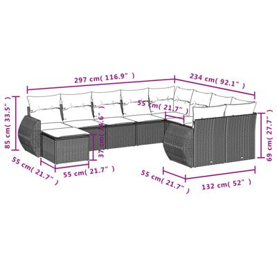 10-delige Loungeset met kussens poly rattan zwart - thumbnail