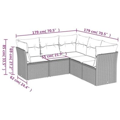 5-delige Loungeset met kussens poly rattan bruin