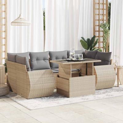 7-delige Loungeset met kussens poly rattan beige - thumbnail
