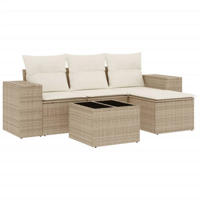 5-delige Loungeset met kussens poly rattan beige - thumbnail