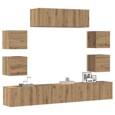 7-delig Tv-meubelset wandmontage bewerkt hout artisanaal eiken