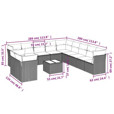 12-delige Loungeset met kussens poly rattan zwart