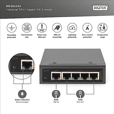 Digitus DN-651143 PoE-extender 10 / 100 / 1000 MBit/s IEEE 802.3af (12.95 W), IEEE 802.3bt, IEEE 802.3at (25.5 W), IEEE 802.3af (15.4 W), IEEE 802.3at (30 W) Digitus DN-651143 PoE-extender 10 / 100 / 1000 MBit/s IEEE 802.3af (12.95 W), IEEE 802.3bt, IEEE 802.3at (25.5 W), IEEE 802.3af (15.4 W), IEEE 802.3at (30 W)