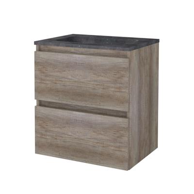 Badmeubelset BWS Salt 60x46cm Greeploos 2 Lades Met Wastafel Hardsteen 1 Kraangat Scotch Oak