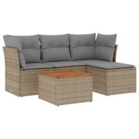 5-delige Loungeset met kussens poly rattan gemengd beige - thumbnail
