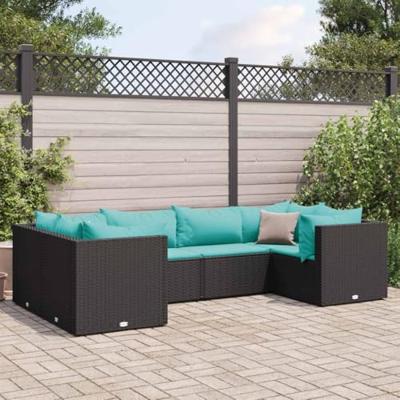 6-delige Loungeset met kussens poly rattan zwart