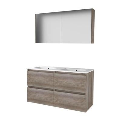 Basic-Line Comfort 46 Badkamermeubelset - 120 x 46 cm - Greeploos - 4 Lades - Keramische Wastafel - 2 Kraangaten - Spiegelkast - Scotch Oak