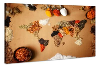 Schilderij - Kruiden van de Wereld, Wereldkaart, Premium Print