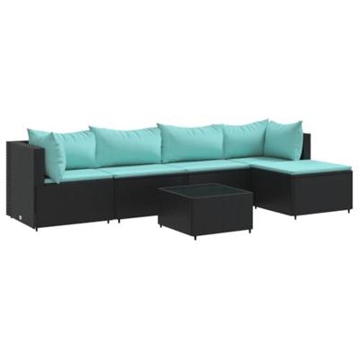 6-delige Loungeset met kussens poly rattan zwart